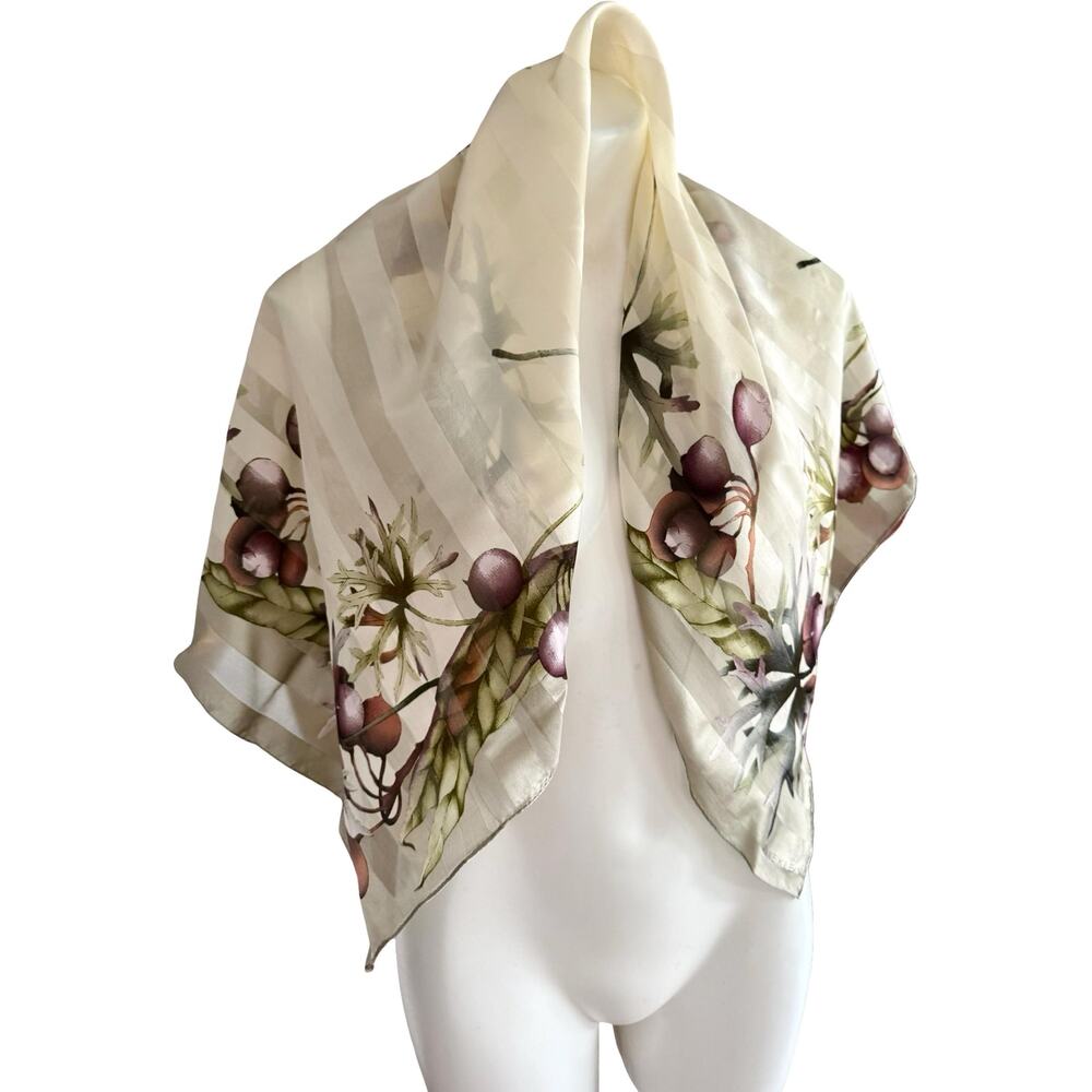 Vintage Anne Klein 1990s Silk Ivory Striped Pomegranate Scarf NWT 34x34 - Picture 9 of 11